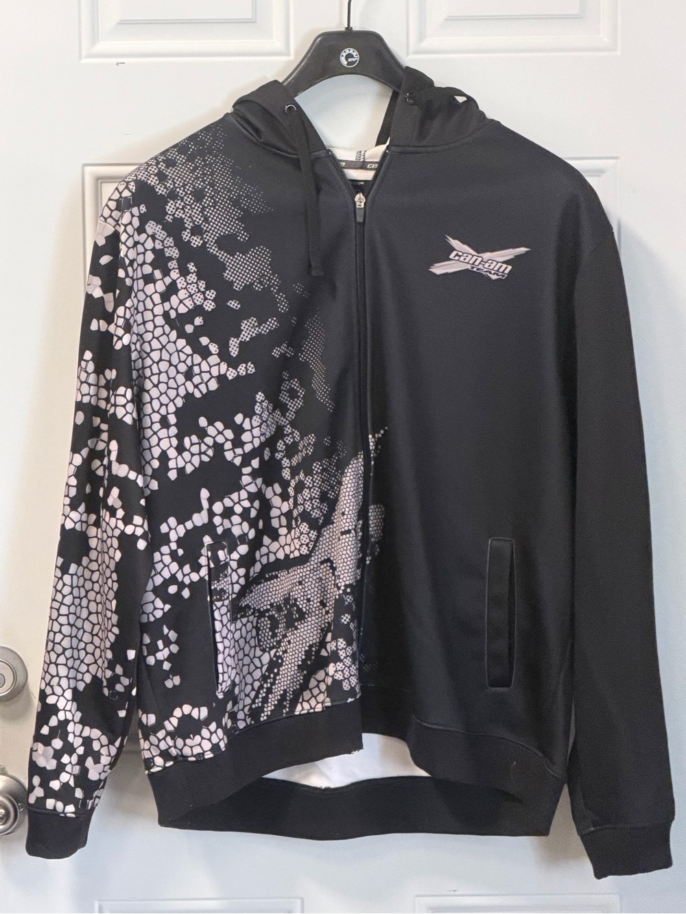 Men's Black Zip Hoodie with Abstract White Pattern